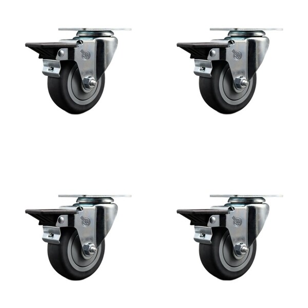 3.5'' Thermo Rubber Wheel Swivel Top Plate Caster Set with Posi Brake, 4PK